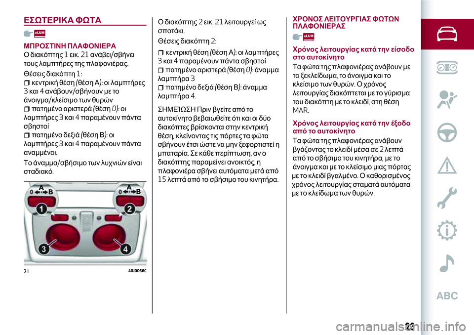 Alfa Romeo MiTo 2021  ΒΙΒΛΙΟ ΧΡΗΣΗΣ ΚΑΙ ΣΥΝΤΗΡΗΣΗΣ (in Greek) ΕΣΩΤΕΡΙΚΑ ΦΩΤΑ
ΜΠΡΟΣΤΙΝΗ ΠΛΑΦΟΝΙΕΡΑ
Ο διακόπτης1εικ.21ανάβει/σβήνει
τους λαμπτήρες της πλαφονιέρας.
Θέσεις δ�