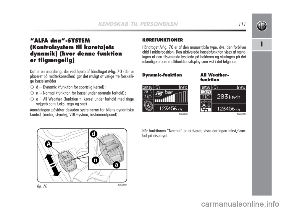 Alfa Romeo MiTo 2009  Brugs- og vedligeholdelsesvejledning (in Danish) KENDSKAB TIL PERSONBILEN111
1“ALFA dna”-SYSTEM
(Kontrolsystem til køretøjets
dynamik) (hvor denne funktion 
er tilgængelig)
Det er en anordning, der ved hjælp af håndtaget A-fig. 70 (der er
p