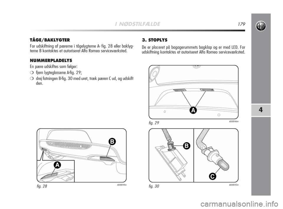 Alfa Romeo MiTo 2008 Brugs- og vedligeholdelsesvejledning (in Danish) I NØDSTILFÆLDE179
4
TÅGE/BAKLYGTER
For udskiftning af pærerne i tågelygterne A- fig. 28 eller baklyg-
terne B kontaktes et autoriseret Alfa Romeo serviceværksted.
NUMMERPLADELYS
En pære udskift Alfa Romeo MiTo 2008 Brugs- og vedligeholdelsesvejledning (in Danish) I NØDSTILFÆLDE179
4
TÅGE/BAKLYGTER
For udskiftning af pærerne i tågelygterne A- fig. 28 eller baklyg-
terne B kontaktes et autoriseret Alfa Romeo serviceværksted.
NUMMERPLADELYS
En pære udskift