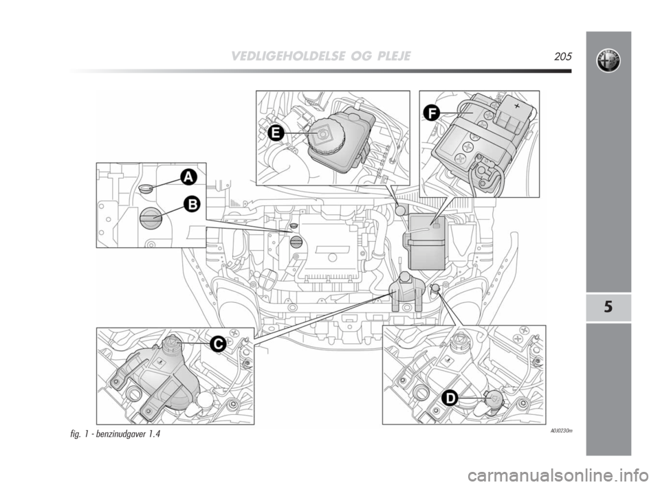 Alfa Romeo MiTo 2008 Brugs- og vedligeholdelsesvejledning (in Danish) VEDLIGEHOLDELSE OG PLEJE205
5
A0J0230mfig. 1 - benzinudgaver 1.4
197-220 Alfa DAN MiTo 9-10-2008 15:51 Pagina 205 Alfa Romeo MiTo 2008 Brugs- og vedligeholdelsesvejledning (in Danish) VEDLIGEHOLDELSE OG PLEJE205
5
A0J0230mfig. 1 - benzinudgaver 1.4
197-220 Alfa DAN MiTo 9-10-2008 15:51 Pagina 205