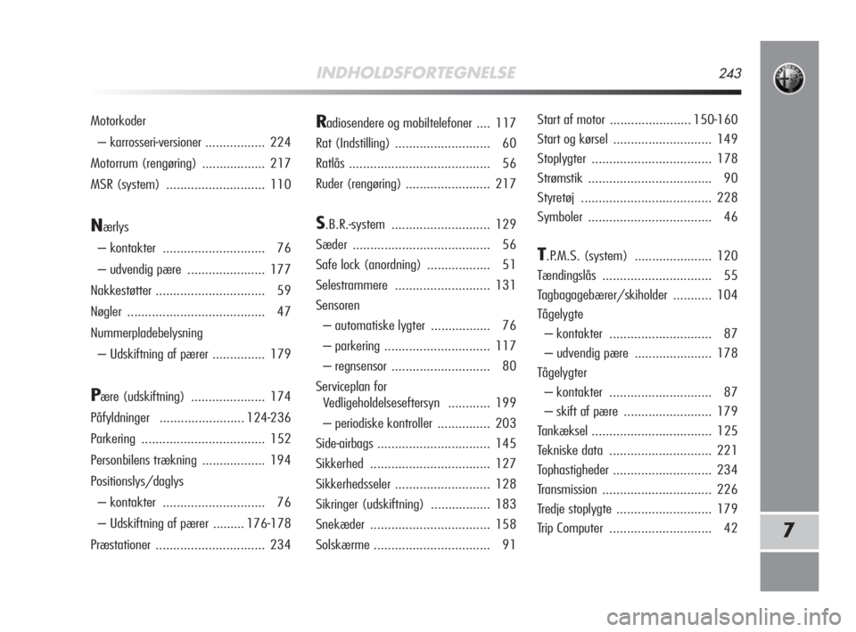 Alfa Romeo MiTo 2009  Brugs- og vedligeholdelsesvejledning (in Danish) INDHOLDSFORTEGNELSE243
7
Motorkoder
– karrosseri-versioner ................. 224
Motorrum (rengøring)  .................. 217
MSR (system) ............................ 110
Nærlys
– kontakter ...
