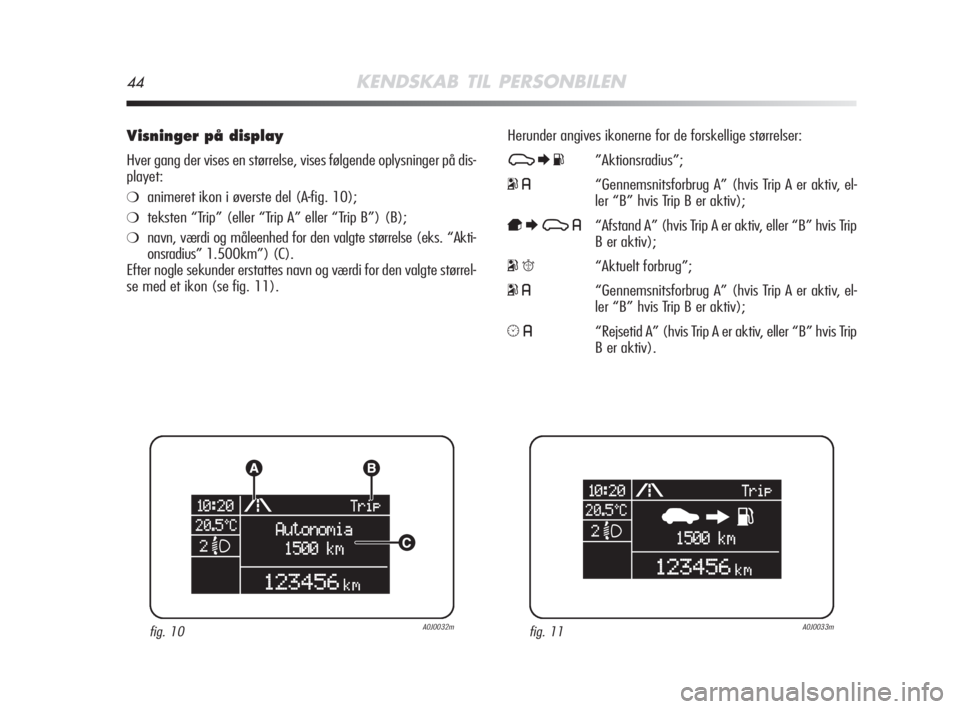 Alfa Romeo MiTo 2009  Brugs- og vedligeholdelsesvejledning (in Danish) 44KENDSKAB TIL PERSONBILEN
Visninger på display
Hver gang der vises en størrelse, vises følgende oplysninger på dis-
playet:
❍animeret ikon i øverste del (A-fig. 10);
❍teksten “Trip” (ell