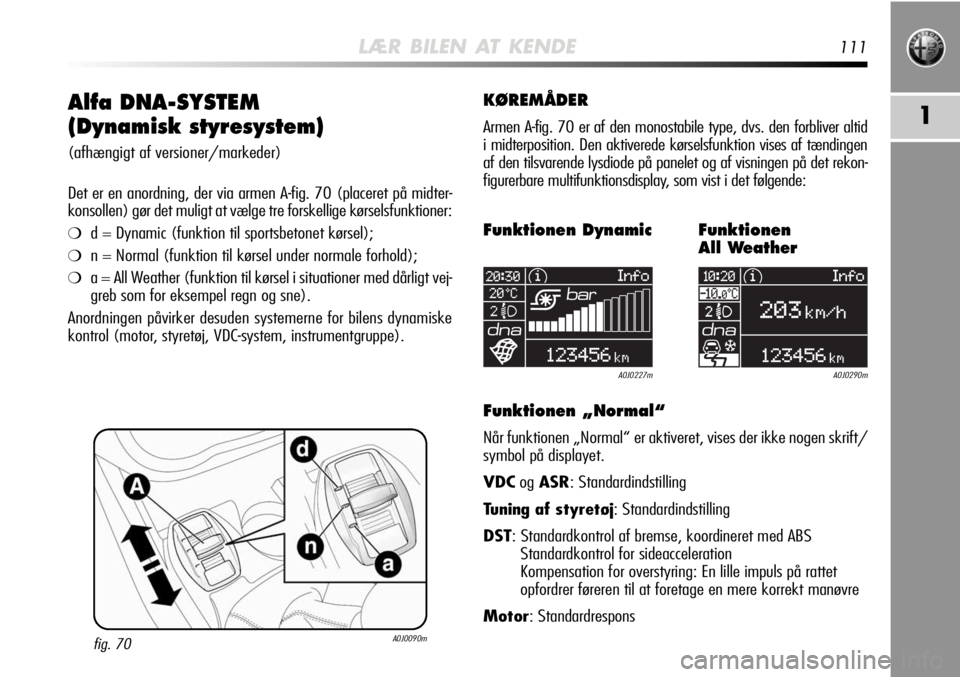 Alfa Romeo MiTo 2012  Brugs- og vedligeholdelsesvejledning (in Danish) LÆR BILEN AT KENDE111
1Alfa DNA-SYSTEM
(Dynamisk styresystem)
(afhængigt af versioner/markeder)
Det er en anordning, der via armen A-fig. 70 (placeret på midter-
konsollen) gør det muligt at vælg