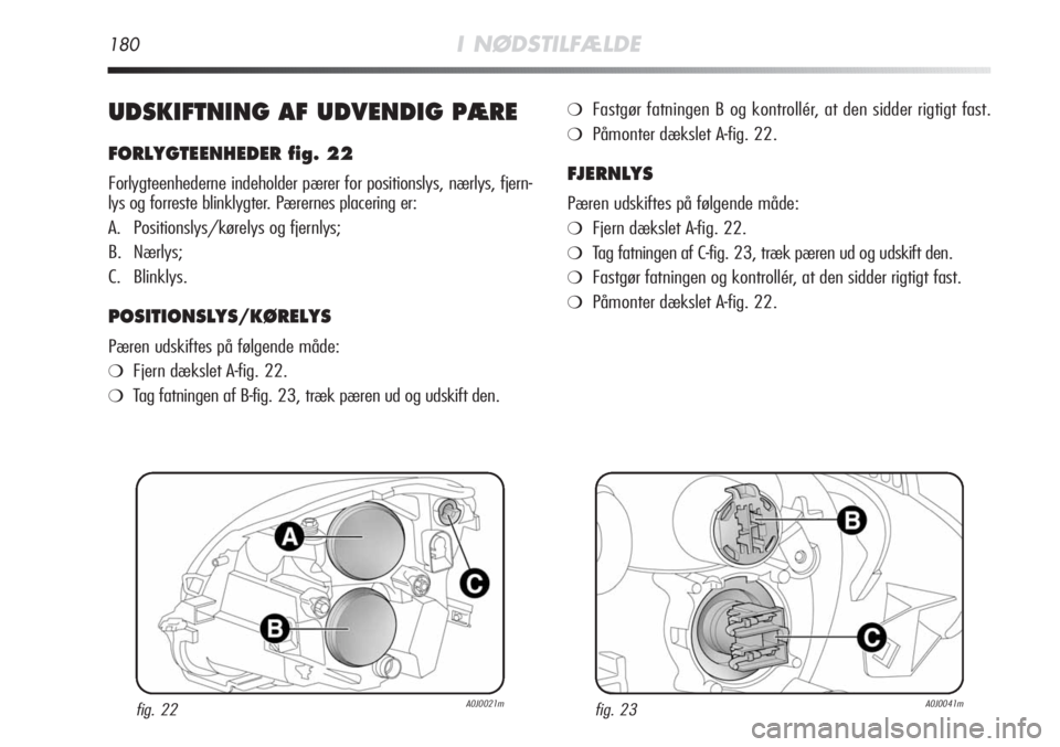 Alfa Romeo MiTo 2011  Brugs- og vedligeholdelsesvejledning (in Danish) 180I NØDSTILFÆLDE
UDSKIFTNING AF UDVENDIG PÆRE
FORLYGTEENHEDER fig. 22
Forlygteenhederne indeholder pærer for positionslys, nærlys, fjern-
lys og forreste blinklygter. Pærernes placering er:
A. 