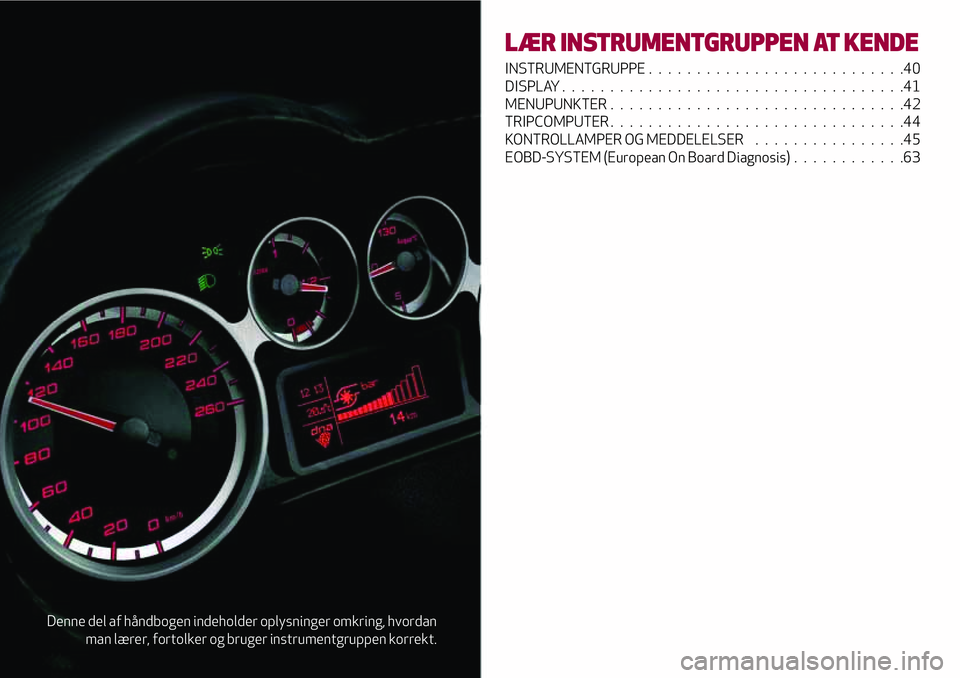 Alfa Romeo MiTo 2020  Brugs- og vedligeholdelsesvejledning (in Danish) Denne del af håndbogen indeholder oplysninger omkring, hvordan
man lærer, fortolker og bruger instrumentgruppen korrekt.
LÆR INSTRUMENTGRUPPEN AT KENDE
INSTRUMENTGRUPPE...........................40