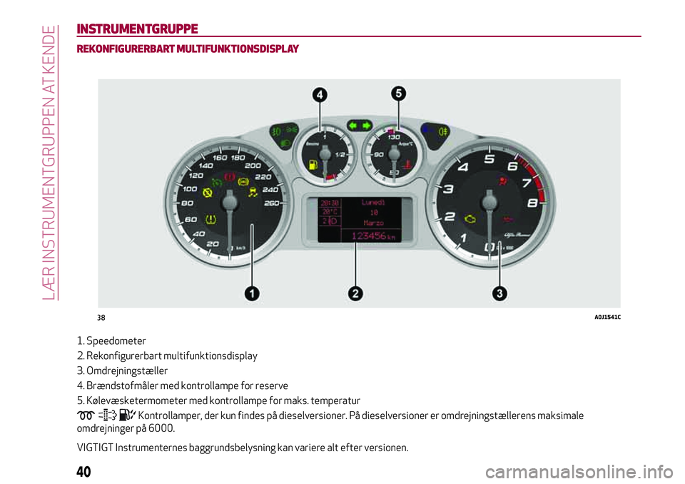 Alfa Romeo MiTo 2018 Brugs- og vedligeholdelsesvejledning (in Danish) INSTRUMENTGRUPPE
REKONFIGURERBART MULTIFUNKTIONSDISPLAY
1. Speedometer
2. Rekonfigurerbart multifunktionsdisplay
3. Omdrejningstæller
4. Brændstofmåler med kontrollampe for reserve
5. Kølevæskete Alfa Romeo MiTo 2018 Brugs- og vedligeholdelsesvejledning (in Danish) INSTRUMENTGRUPPE
REKONFIGURERBART MULTIFUNKTIONSDISPLAY
1. Speedometer
2. Rekonfigurerbart multifunktionsdisplay
3. Omdrejningstæller
4. Brændstofmåler med kontrollampe for reserve
5. Kølevæskete