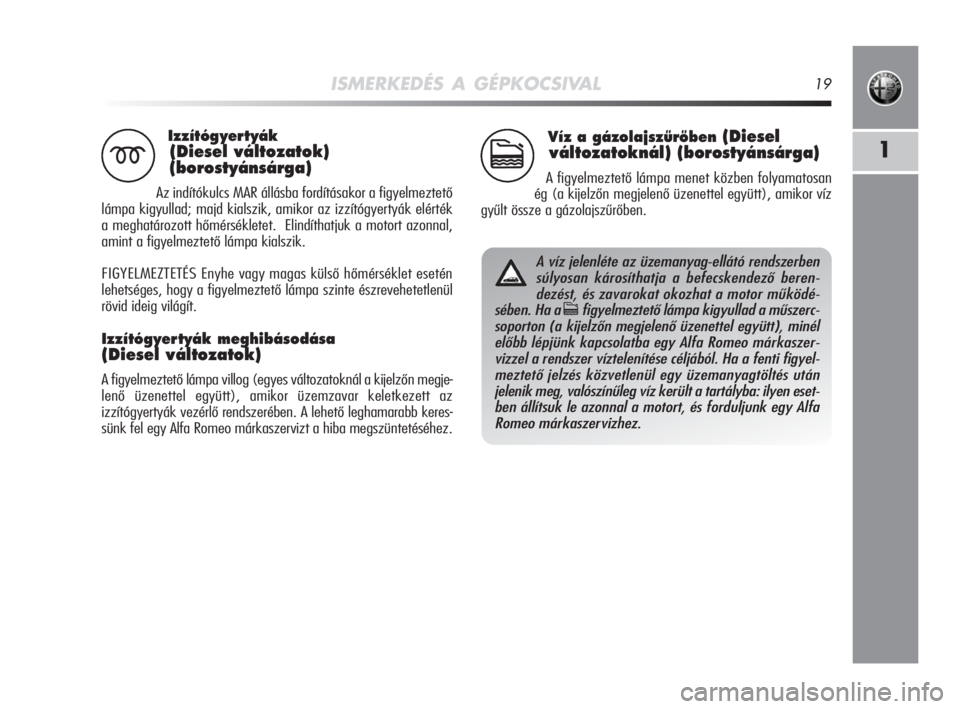 Alfa Romeo MiTo 2008  Kezelési és karbantartási útmutató (in Hungarian) ISMERKEDÉS A GÉPKOCSIVAL19
1
Izzítógyertyák
(Diesel változatok)
(borostyánsárga)
Az indítókulcs MAR állásba fordításakor a figyelmeztető
lámpa kigyullad; majd kialszik, amikor az izzí