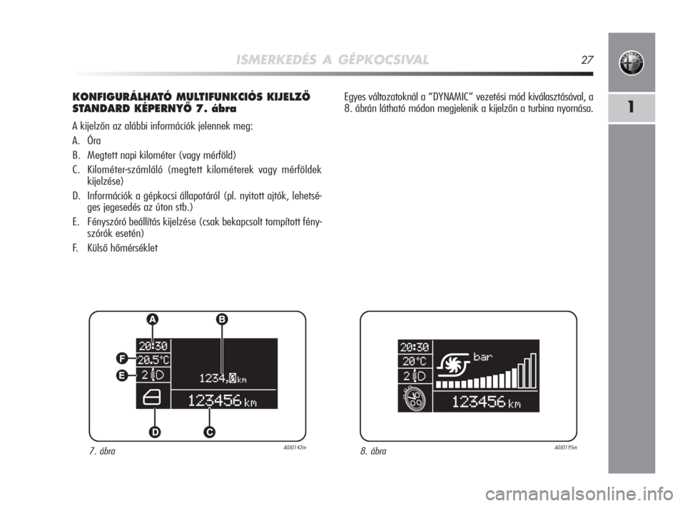 Alfa Romeo MiTo 2008  Kezelési és karbantartási útmutató (in Hungarian) ISMERKEDÉS A GÉPKOCSIVAL27
1
KONFIGURÁLHATÓ MULTIFUNKCIÓS KIJELZÃ
STANDARD KÉPERNYÃ 7. ábra
A kijelzőn az alábbi információk jelennek meg:
A. Óra
B. Megtett napi kilométer (vagy mérfö