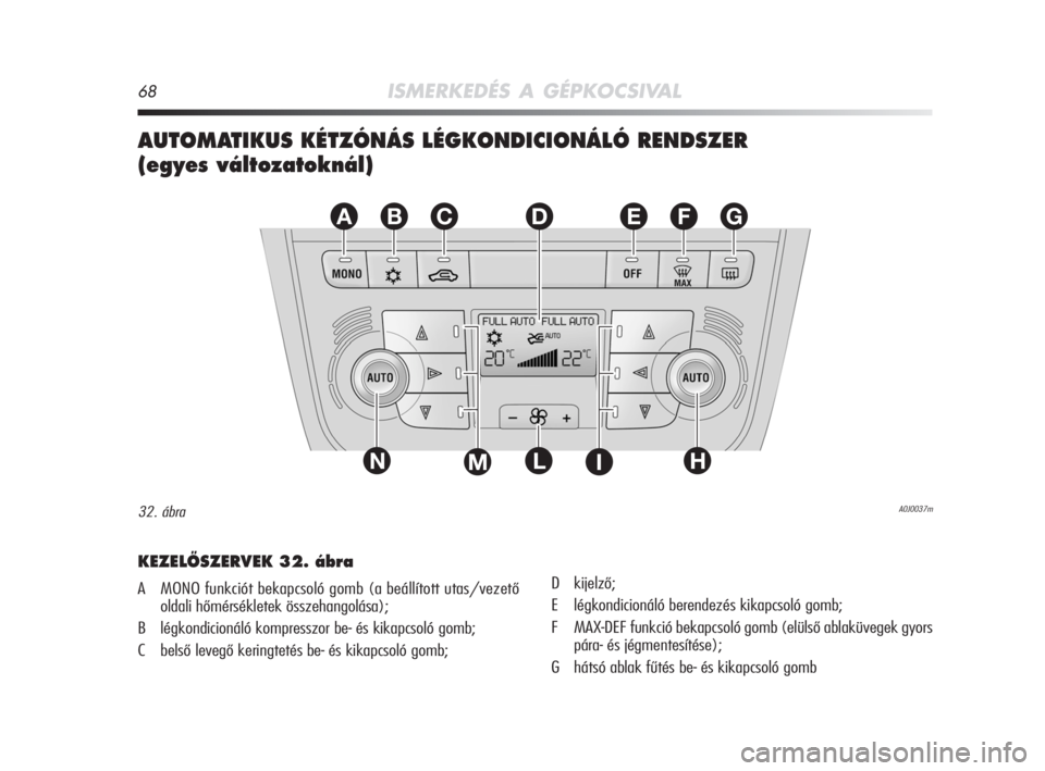Alfa Romeo MiTo 2008  Kezelési és karbantartási útmutató (in Hungarian) 68ISMERKEDÉS A GÉPKOCSIVAL
AUTOMATIKUS KÉTZÓNÁS LÉGKONDICIONÁLÓ RENDSZER 
(egyes változatoknál)
EFGABC
L
D
NHIM
A0J0037m32. ábra
KEZELÃSZERVEK 32. ábra
A MONO funkciót bekapcsoló gomb (