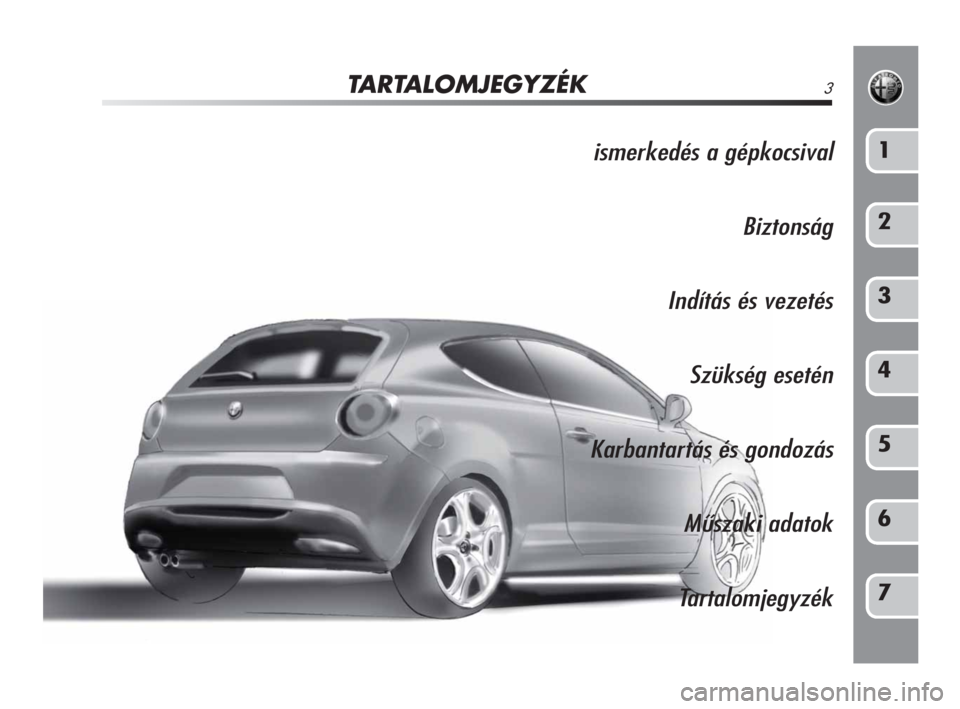 Alfa Romeo MiTo 2010 Kezelési és karbantartási útmutató (in Hungarian) TARTALOMJEGYZÉK3
ismerkedés a gépkocsival
Biztonság
Indítás és vezetés
Szükség esetén
Karbantartás és gondozás
Műszaki adatok
Tartalomjegyzék1
2
3
4
5
6
7
001-130 Alfa MiTo HU 2ed 1-0 Alfa Romeo MiTo 2010 Kezelési és karbantartási útmutató (in Hungarian) TARTALOMJEGYZÉK3
ismerkedés a gépkocsival
Biztonság
Indítás és vezetés
Szükség esetén
Karbantartás és gondozás
Műszaki adatok
Tartalomjegyzék1
2
3
4
5
6
7
001-130 Alfa MiTo HU 2ed 1-0