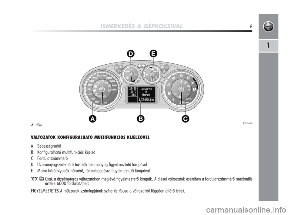 Alfa Romeo MiTo 2010  Kezelési és karbantartási útmutató (in Hungarian) ISMERKEDÉS A GÉPKOCSIVAL9
1
VÁLTOZATOK KONFIGURÁLHATÓ MULTIFUNKCIÓS KIJELZŐVEL
A Sebességmérő
B Konfigurálható multifunkciós kijelző
C Fordulatszámmérő
D Üzemanyagszint-mérő tartal