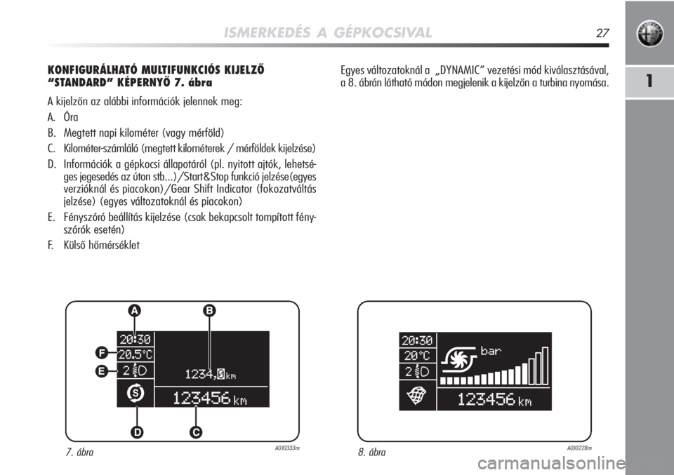 Alfa Romeo MiTo 2011  Kezelési és karbantartási útmutató (in Hungarian) ISMERKEDÉS A GÉPKOCSIVAL27
1
KONFIGURÁLHATÓ MULTIFUNKCIÓS KIJELZŐ 
“STANDARD” KÉPERNYŐ 7. ábra
A kijelzőn az alábbi információk jelennek meg:
A. Óra
B. Megtett napi kilométer (vagy 