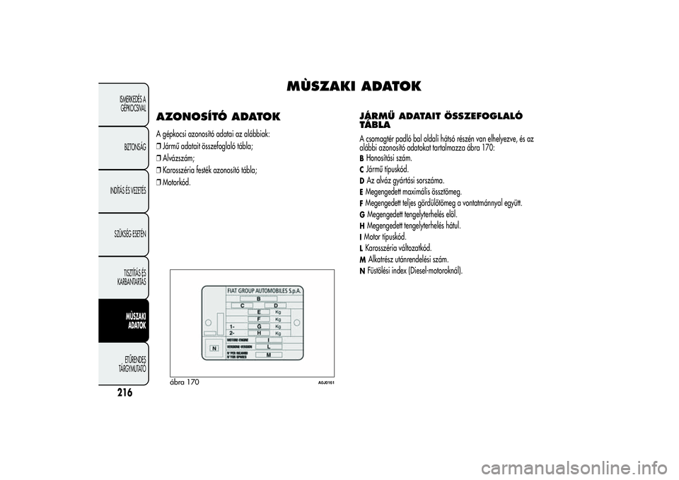 Alfa Romeo MiTo 2013 Kezelési és karbantartási útmutató (in Hungarian) MÙSZAKI ADATOK
AZONOSÍTÓ ADATOKA gépkocsi azonosító adatai az alábbiak:
❒Jármű adatait összefoglaló tábla;
❒Alvázszám;
❒Karosszéria festék azonosító tábla;
❒Motorkód.
JÁRM Alfa Romeo MiTo 2013 Kezelési és karbantartási útmutató (in Hungarian) MÙSZAKI ADATOK
AZONOSÍTÓ ADATOKA gépkocsi azonosító adatai az alábbiak:
❒Jármű adatait összefoglaló tábla;
❒Alvázszám;
❒Karosszéria festék azonosító tábla;
❒Motorkód.
JÁRM