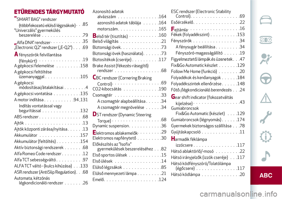 Alfa Romeo MiTo 2019  Kezelési és karbantartási útmutató (in Hungarian) ETŰRENDES TÁRGYMUTATÓ
"SMART BAG" rendszer
(többfokozatú elülső légzsákok).......................85
"Univerzális" gyermekülés
beszerelése...............79
„Alfa DNA” r