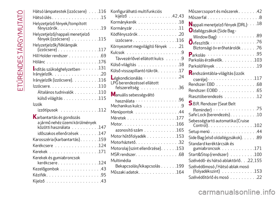 Alfa Romeo MiTo 2018  Kezelési és karbantartási útmutató (in Hungarian) Hátsó lámpatestek (izzócsere). . . .116
Hátsó ülés..................15
Helyzetjelző fények/tompított
fényszórók................19
Helyzetjelző/nappali menetjelző
fények (izzócsere)..