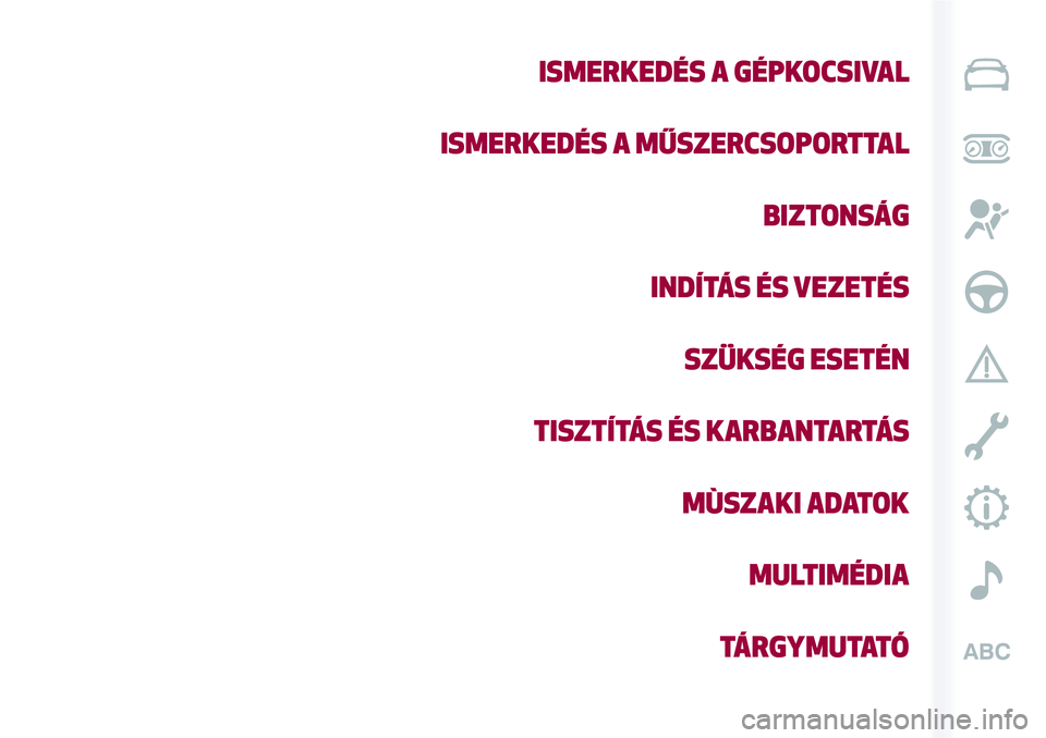 Alfa Romeo MiTo 2019 Kezelési és karbantartási útmutató (in Hungarian) ISMERKEDÉS A GÉPKOCSIVAL
ISMERKEDÉS A MŰSZERCSOPORTTAL
BIZTONSÁG
INDÍTÁS ÉS VEZETÉS
SZÜKSÉG ESETÉN
TISZTÍTÁS ÉS KARBANTARTÁS
MÙSZAKI ADATOK
MULTIMÉDIA
TÁRGYMUTATÓ Alfa Romeo MiTo 2019 Kezelési és karbantartási útmutató (in Hungarian) ISMERKEDÉS A GÉPKOCSIVAL
ISMERKEDÉS A MŰSZERCSOPORTTAL
BIZTONSÁG
INDÍTÁS ÉS VEZETÉS
SZÜKSÉG ESETÉN
TISZTÍTÁS ÉS KARBANTARTÁS
MÙSZAKI ADATOK
MULTIMÉDIA
TÁRGYMUTATÓ