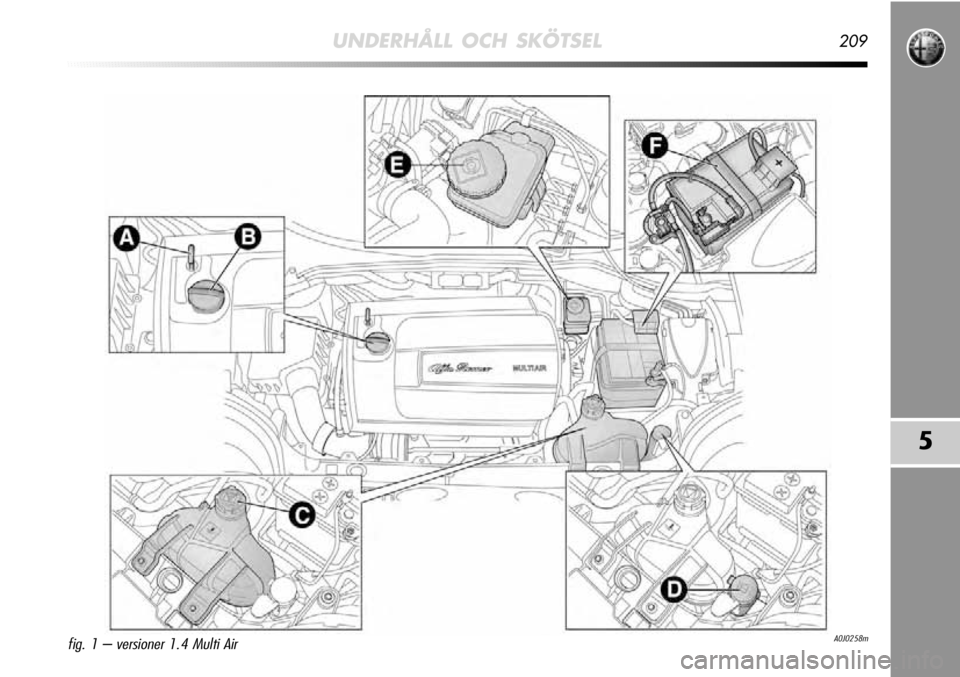 Alfa Romeo MiTo 2012  Drift- och underhållshandbok (in Swedish) UNDERHÅLL OCH SKÖTSEL209
5
A0J0258mfig. 1 – versioner 1.4 Multi Air 