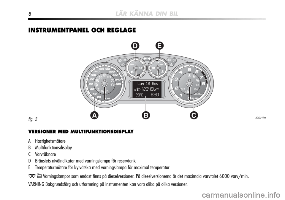 Alfa Romeo MiTo 2012  Drift- och underhållshandbok (in Swedish) 8LÄR KÄNNA DIN BIL
INSTRUMENTPANEL OCH REGLAGE
AC
DE
B
VERSIONER MED MULTIFUNKTIONSDISPLAY
A Hastighetsmätare
B Multifunktionsdisplay
C Varvräknare
D Bränslets nivåindikator med varningslampa f�