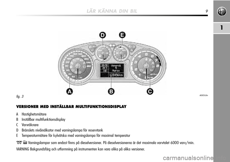Alfa Romeo MiTo 2010  Drift- och underhållshandbok (in Swedish) LÄR KÄNNA DIN BIL9
1
VERSIONER MED INSTÄLLBAR MULTIFUNKTIONSDISPLAY
A Hastighetsmätare
B Inställbar multifunktionsdisplay
C Varvräknare
D Bränslets nivåindikator med varningslampa för reservt