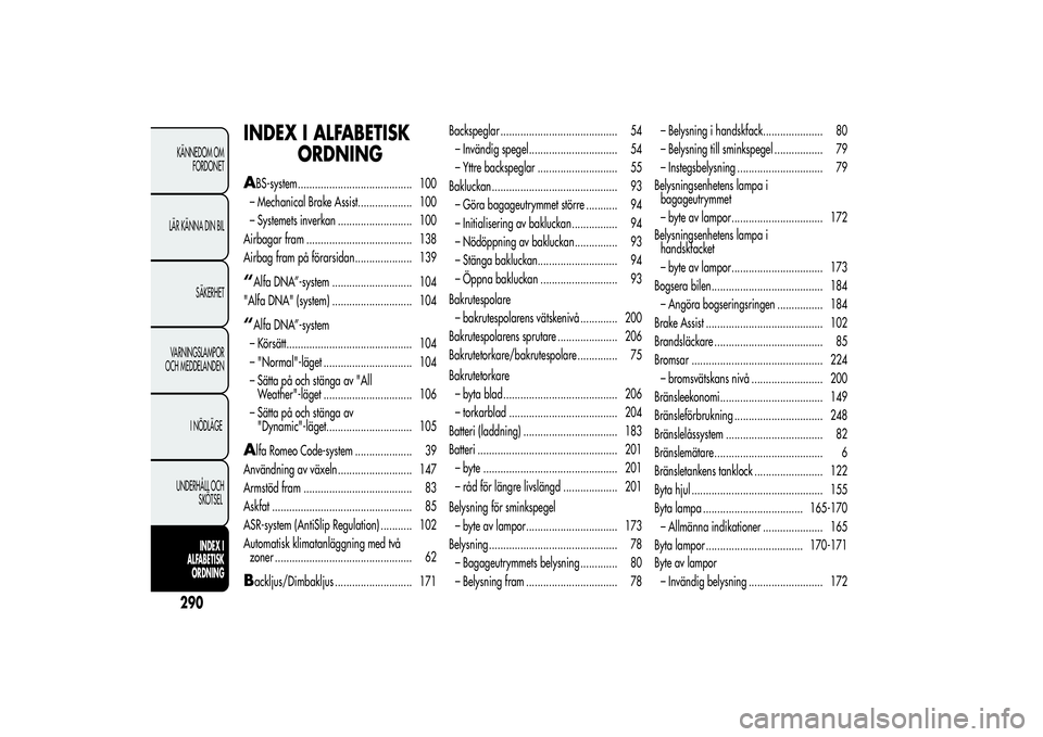 Alfa Romeo MiTo 2013  Drift- och underhållshandbok (in Swedish) INDEX I ALFABETISK
ORDNINGA
BS-system ........................................ 100
– Mechanical Brake Assist................... 100
– Systemets inverkan .......................... 100
Airbagar fra