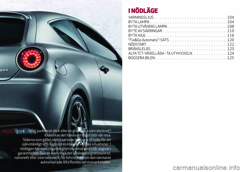 Alfa Romeo MiTo 2021  Drift- och underhållshandbok (in Swedish) Ett punkterat däck eller en glödlampa som slocknat?
Ibland kan det hända att något stör vår resa.
Sidorna som gäller nödsituationer kan vara till hjälp för att
självständigt och i lugn och