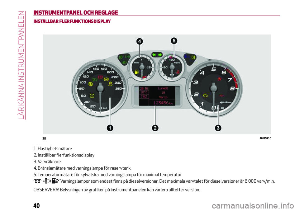 Alfa Romeo MiTo 2018  Drift- och underhållshandbok (in Swedish) INSTRUMENTPANEL OCH REGLAGE
INSTÄLLBAR FLERFUNKTIONSDISPLAY
1. Hastighetsmätare
2. Inställbar flerfunktionsdisplay
3. Varvräknare
4. Bränslemätare med varningslampa för reservtank
5. Temperatur
