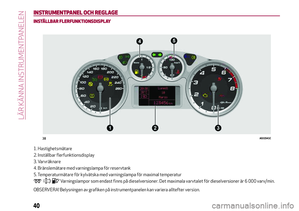 Alfa Romeo MiTo 2020 Drift- och underhållshandbok (in Swedish) INSTRUMENTPANEL OCH REGLAGE
INSTÄLLBAR FLERFUNKTIONSDISPLAY
1. Hastighetsmätare
2. Inställbar flerfunktionsdisplay
3. Varvräknare
4. Bränslemätare med varningslampa för reservtank
5. Temperatur Alfa Romeo MiTo 2020 Drift- och underhållshandbok (in Swedish) INSTRUMENTPANEL OCH REGLAGE
INSTÄLLBAR FLERFUNKTIONSDISPLAY
1. Hastighetsmätare
2. Inställbar flerfunktionsdisplay
3. Varvräknare
4. Bränslemätare med varningslampa för reservtank
5. Temperatur