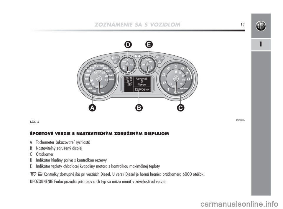 Alfa Romeo MiTo 2008  Návod na použitie a údržbu (in Slovakian) ZOZNÁMENIE SA S VOZIDLOM11
1
AC
DE
B
·PORTOVÉ VERZIE S NASTAVITEªN¯M ZDRUÎEN¯M DISPLEJOM
A Tachometer (ukazovateľ rýchlosti)
B Nastaviteľný združený displej
C Otáčkomer
D Indikátor hla