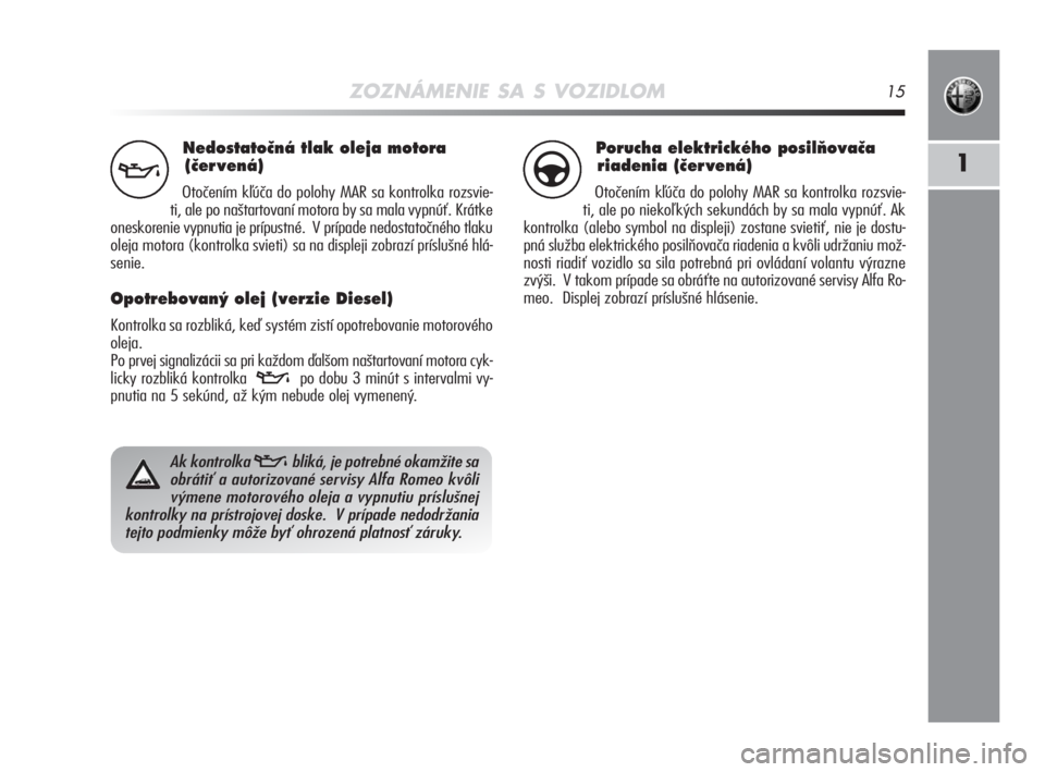 Alfa Romeo MiTo 2008  Návod na použitie a údržbu (in Slovakian) ZOZNÁMENIE SA S VOZIDLOM15
1
Nedostatoãná tlak oleja motora
(ãer vená) 
Otočením kľúča do polohy MAR sa kontrolka rozsvie-
ti, ale po naštartovaní motora by sa mala vypnúť. Krátke
onesk