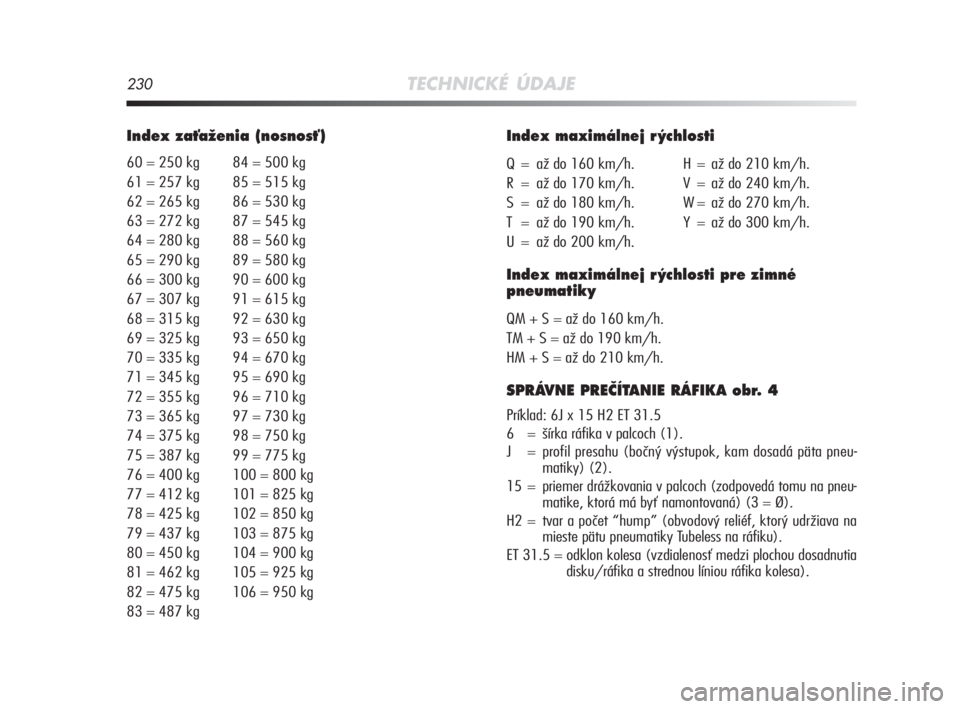 Alfa Romeo MiTo 2008  Návod na použitie a údržbu (in Slovakian) 230TECHNICKÉ ÚDAJE
Index zaÈaÏenia (nosnosÈ)
60 = 250 kg 84 = 500 kg
61 = 257 kg 85 = 515 kg
62 = 265 kg 86 = 530 kg
63 = 272 kg 87 = 545 kg
64 = 280 kg 88 = 560 kg
65 = 290 kg 89 = 580 kg
66 = 3