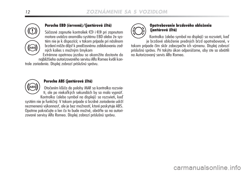 Alfa Romeo MiTo 2012  Návod na použitie a údržbu (in Slovakian) 12ZOZNÁMENIE SA S VOZIDLOM
Porucha EBD (červená)/(jantárová žltá) 
Súčasné zapnutie kontroliek xi>pri zapnutom
motore uvádza anomáliu systému EBD alebo že sys-
tém nie je k dispozícii;