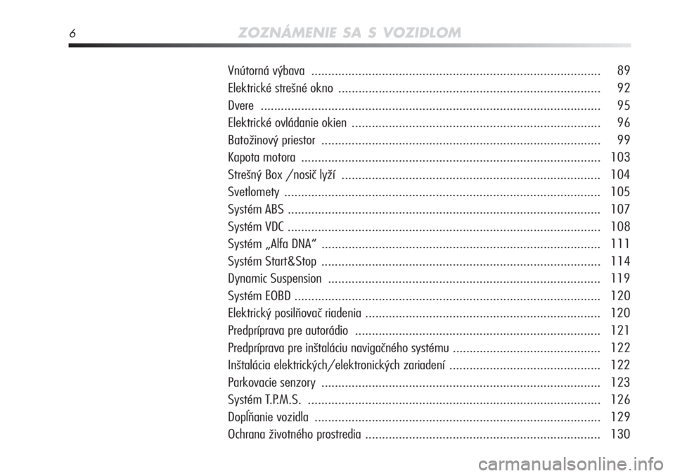 Alfa Romeo MiTo 2012  Návod na použitie a údržbu (in Slovakian) 6ZOZNÁMENIE SA S VOZIDLOM
Vnútorná výbava ........................................................................\
.............. 89
Elektrické strešné okno ...................................