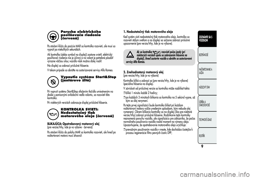 Alfa Romeo MiTo 2013 Návod na použitie a údržbu (in Slovakian) Porucha elektrického
posilňovača riadenia
(červená)
Po otočení kľúča do pozície MAR sa kontrolka rozsvieti, ale musí sa
vypnúť po niekoľ kých sekundách.
Ak kontrolka (alebo symbol na Alfa Romeo MiTo 2013 Návod na použitie a údržbu (in Slovakian) Porucha elektrického
posilňovača riadenia
(červená)
Po otočení kľúča do pozície MAR sa kontrolka rozsvieti, ale musí sa
vypnúť po niekoľ kých sekundách.
Ak kontrolka (alebo symbol na