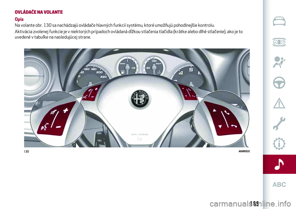 Alfa Romeo MiTo 2018 Návod na použitie a údržbu (in Slovakian) OVLÁDAČE NA VOLANTE
Opis
Na volante obr. 130 sa nachádzajú ovládače hlavných funkcií systému, ktoré umožňujú pohodlnejšie kontrolu.
Aktivácia zvolenej funkcie je v niektorých prípadoc Alfa Romeo MiTo 2018 Návod na použitie a údržbu (in Slovakian) OVLÁDAČE NA VOLANTE
Opis
Na volante obr. 130 sa nachádzajú ovládače hlavných funkcií systému, ktoré umožňujú pohodlnejšie kontrolu.
Aktivácia zvolenej funkcie je v niektorých prípadoc