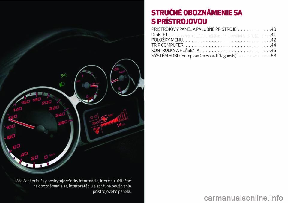 Alfa Romeo MiTo 2019  Návod na použitie a údržbu (in Slovakian) Táto časť príručky poskytuje všetky informácie, ktoré sú užitočné
na oboznámenie sa, interpretáciu a správne používanie
prístrojového panela.
STRUČNÉ OBOZNÁMENIE SA
S PRÍSTROJOV
