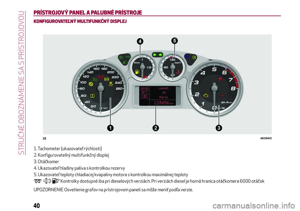 Alfa Romeo MiTo 2020  Návod na použitie a údržbu (in Slovakian) PRÍSTROJOVÝ PANEL A PALUBNÉ PRÍSTROJE
KONFIGUROVATEĽNÝ MULTIFUNKČNÝ DISPLEJ
1. Tachometer (ukazovateľ rýchlosti)
2. Konfigurovateľný multifunkčný displej
3. Otáčkomer
4. Ukazovateľ hl