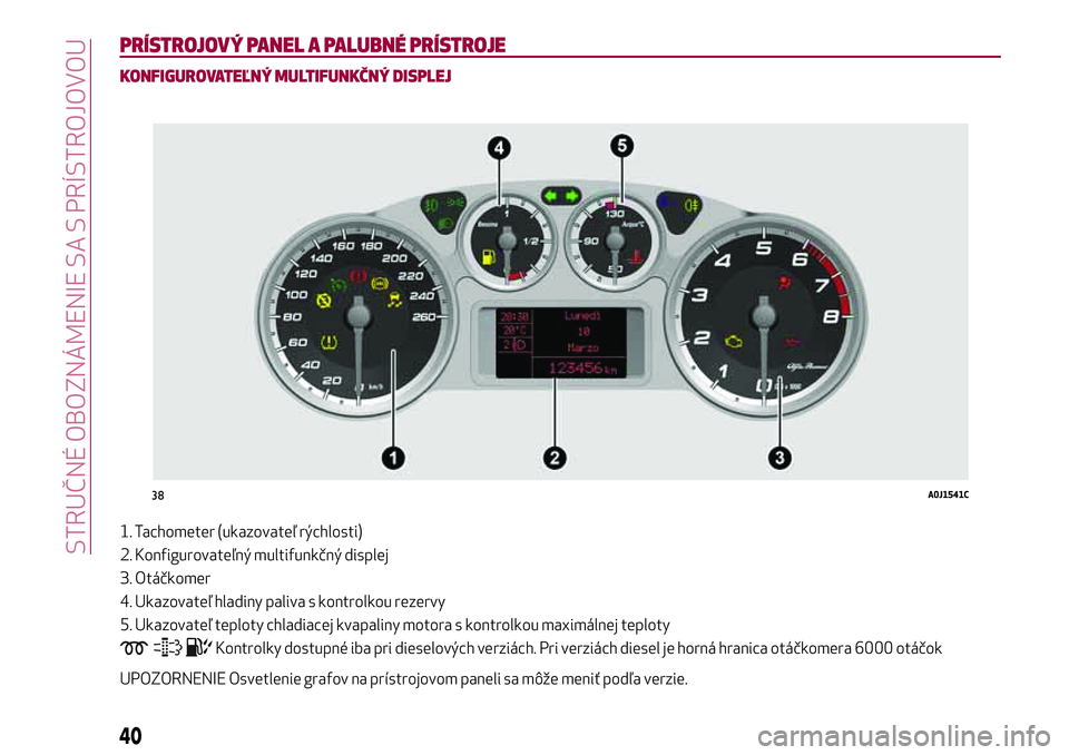 Alfa Romeo MiTo 2018 Návod na použitie a údržbu (in Slovakian) PRÍSTROJOVÝ PANEL A PALUBNÉ PRÍSTROJE
KONFIGUROVATEĽNÝ MULTIFUNKČNÝ DISPLEJ
1. Tachometer (ukazovateľ rýchlosti)
2. Konfigurovateľný multifunkčný displej
3. Otáčkomer
4. Ukazovateľ hl Alfa Romeo MiTo 2018 Návod na použitie a údržbu (in Slovakian) PRÍSTROJOVÝ PANEL A PALUBNÉ PRÍSTROJE
KONFIGUROVATEĽNÝ MULTIFUNKČNÝ DISPLEJ
1. Tachometer (ukazovateľ rýchlosti)
2. Konfigurovateľný multifunkčný displej
3. Otáčkomer
4. Ukazovateľ hl
