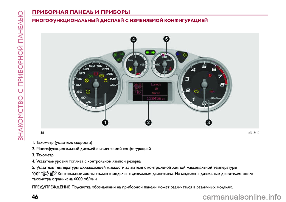 Alfa Romeo MiTo 2018  Руководство по эксплуатации и техобслуживанию (in Russian) ПРИБОРНАЯ ПАНЕЛЬ И ПРИБОРЫ
МНОГОФУНКЦИОНАЛЬНЫЙ ДИСПЛЕЙ С ИЗМЕНЯЕМОЙ КОНФИГУРАЦИЕЙ
1. Тахометр (указатель ск�