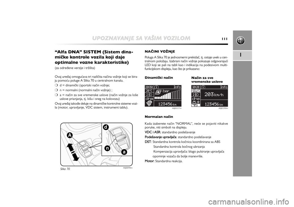 Alfa Romeo MiTo 2012  Manual de Uso e Manutenção (in Portuguese) UPOZNAVANJE SA VAŠIM VOZILOM
111
1
“Alfa DNA” SISTEM (Sistem dina-
mićke kontrole vozila koji daje 
optimalne vozne karakteristike) (za određene verzije i tržišta)
Ovaj uređaj omogućava tri