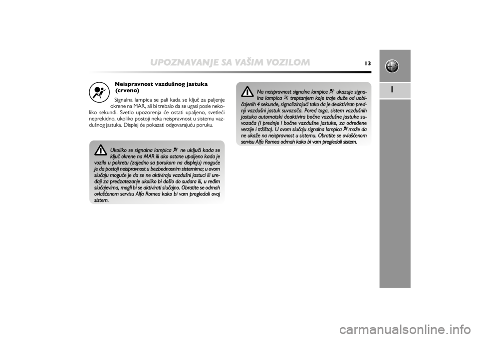 Alfa Romeo MiTo 2013  Manual de Uso e Manutenção (in Portuguese) UPOZNAVANJE SA VAŠIM VOZILOM
13
1
Neispravnost vazdušnog jastuka 
(crveno)
Signalna lampica se pali kada se ključ za paljenje
okrene na MAR, ali bi trebalo da se ugasi posle neko-
liko sekundi. Sve