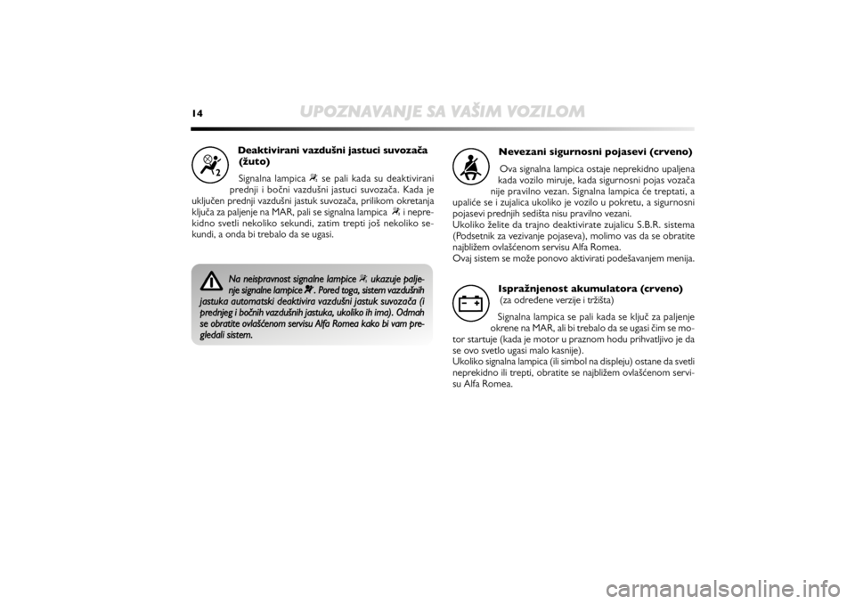 Alfa Romeo MiTo 2013 Manual de Uso e Manutenção (in Portuguese) 14
UPOZNAVANJE SA VAŠIM VOZILOM
Deaktivirani vazdušni jastuci suvozađa
(žuto)
Signalna lampica “se pali kada su deaktivirani
prednji i bočni vazdušni jastuci suvozača. Kada je
uključen predn Alfa Romeo MiTo 2013 Manual de Uso e Manutenção (in Portuguese) 14
UPOZNAVANJE SA VAŠIM VOZILOM
Deaktivirani vazdušni jastuci suvozađa
(žuto)
Signalna lampica “se pali kada su deaktivirani
prednji i bočni vazdušni jastuci suvozača. Kada je
uključen predn