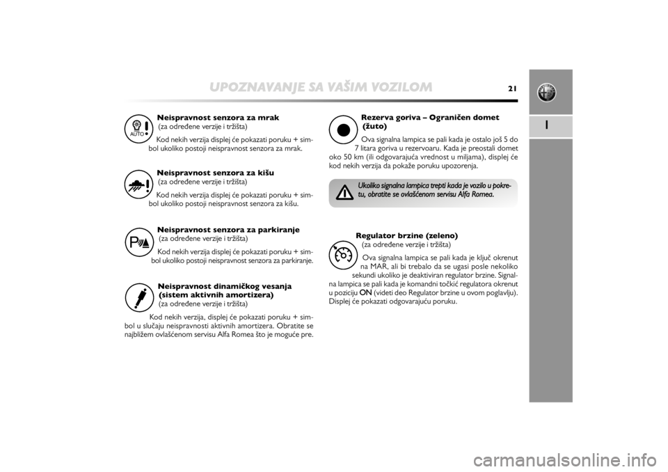 Alfa Romeo MiTo 2012  Manual de Uso e Manutenção (in Portuguese) UPOZNAVANJE SA VAŠIM VOZILOM
21
1
Neispravnost senzora za mrak
(za određene verzije i tržišta)
Kod nekih verzija displej će pokazati poruku + sim-
bol ukoliko postoji neispravnost senzora za mrak
