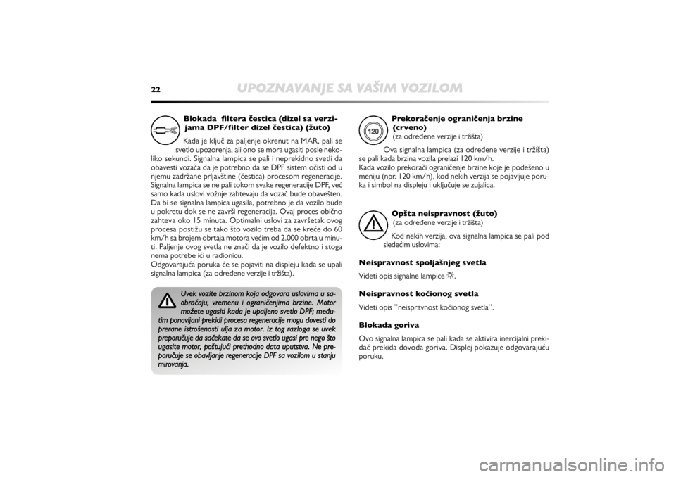 Alfa Romeo MiTo 2020  Manual de Uso e Manutenção (in Portuguese) 22
UPOZNAVANJE SA VAŠIM VOZILOM
Prekorađenje ograniđenja brzine
(crveno)  
(za određene verzije i tržišta)
Ova signalna lampica (za određene verzije i tržišta)
se pali kada brzina vozila prel