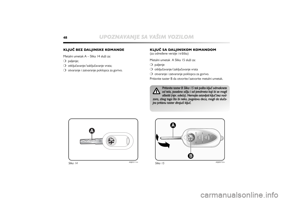 Alfa Romeo MiTo 2020  Manual de Uso e Manutenção (in Portuguese) 48
UPOZNAVANJE SA VAŠIM VOZILOM
KLJUČ BEZ DALJINSKE KOMANDE
Metalni umetak A – Slika 14 služi za: 
❍paljenje;  
❍otključavanje/zaključavanje vrata; 
❍otvaranje i zatvaranje poklopca za go