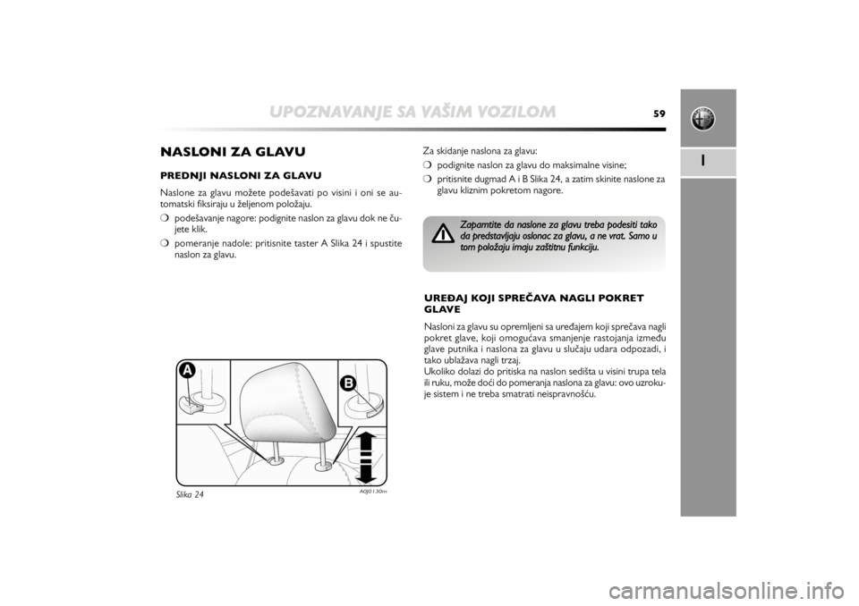 Alfa Romeo MiTo 2020 Manual de Uso e Manutenção (in Portuguese) UPOZNAVANJE SA VAŠIM VOZILOM
59
1
NASLONI ZA GLAVUPREDNJI NASLONI ZA GLAVU
Naslone za glavu možete podešavati po visini i oni se au-
tomatski fiksiraju u željenom položaju.
❍podešavanje nagor Alfa Romeo MiTo 2020 Manual de Uso e Manutenção (in Portuguese) UPOZNAVANJE SA VAŠIM VOZILOM
59
1
NASLONI ZA GLAVUPREDNJI NASLONI ZA GLAVU
Naslone za glavu možete podešavati po visini i oni se au-
tomatski fiksiraju u željenom položaju.
❍podešavanje nagor