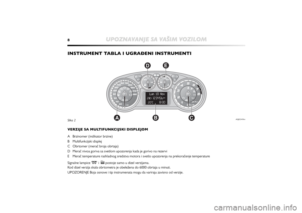 Alfa Romeo MiTo 2012  Manual de Uso e Manutenção (in Portuguese) 8
UPOZNAVANJE SA VAŠIM VOZILOM
INSTRUMENT TABLA I UGRAčENI INSTRUMENTI
A
C
D
E
B
VERZIJE SA MULTIFUNKCIJSKI DISPLEJOM
A  Brzinomer (indikator brzine)
B Multifunkcijski displej
C  Obrtomer (merač br