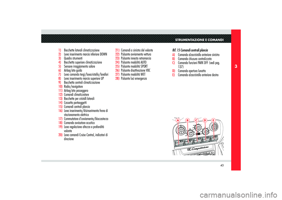 Alfa Romeo 8C 2010  Libretto Uso Manutenzione (in Italian) 43
3
A
B
C
D
E
STRUMENTAZIONE E COMANDI
1)  Bocchette laterali climatizzazione2)  Leva inserimento marcia inferiore DOWN3) Quadro strumenti4)  Bocchetta superiore climatizzazione5) 
Sensore irraggiame