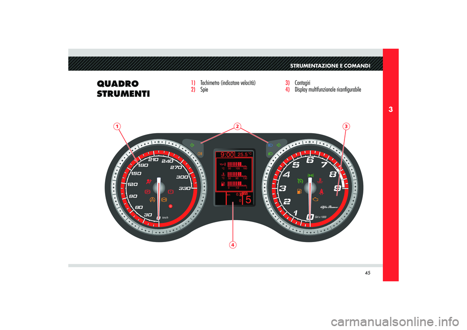 Alfa Romeo 8C 2008  Libretto Uso Manutenzione (in Italian) 45
3
STRUMENTAZIONE E COMANDI
QUADRO 
STRUMENTI
1)  Tachimetro (indicatore velocità) 2) Spie
3) 
Contagiri
4) 
Display multifunzionale ricon� gurabile
1
24
3 