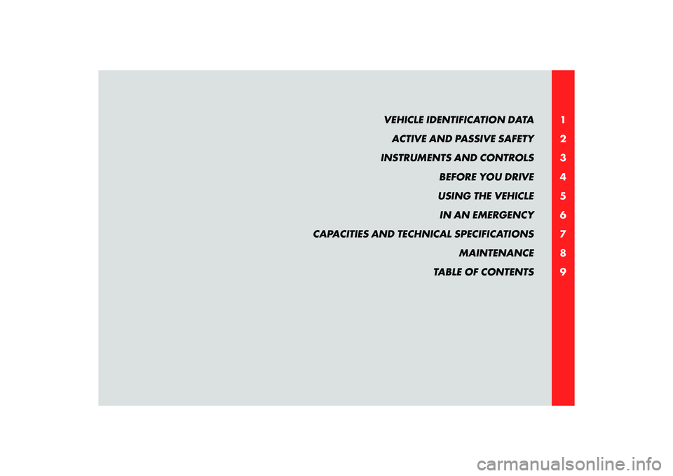 Alfa Romeo 8C 2010  Owner handbook (in English) 1
2
3
4
5
6
7
8
9
VEHICLE IDENTIFICATION DATA 
ACTIVE AND PASSIVE SAFETY
INSTRUMENTS AND CONTROLS
BEFORE YOU DRIVE
USING THE VEHICLE
IN AN EMERGENCY
CAPACITIES AND TECHNICAL SPECIFICATIONS
MAINTENANCE