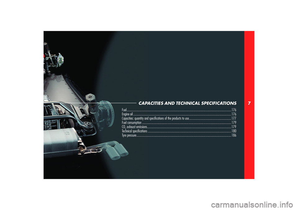 Alfa Romeo 8C 2010  Owner handbook (in English) 7
CAPACITIES AND TECHNICAL SPECIFICATIONS
Fuel ................................................................................................................................. 176
Engine oil ........